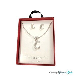 Letter C Initial Necklace Earrings Silver Tone Jewelry Set